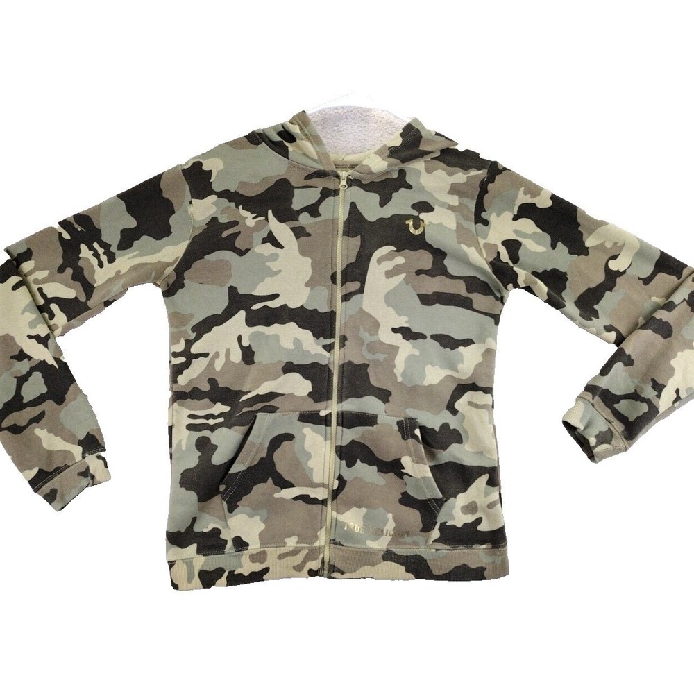 True Religion Camouflage Zip‎ Up Hoodie Sherpa Lined Hood Mens XL Casual Cozy